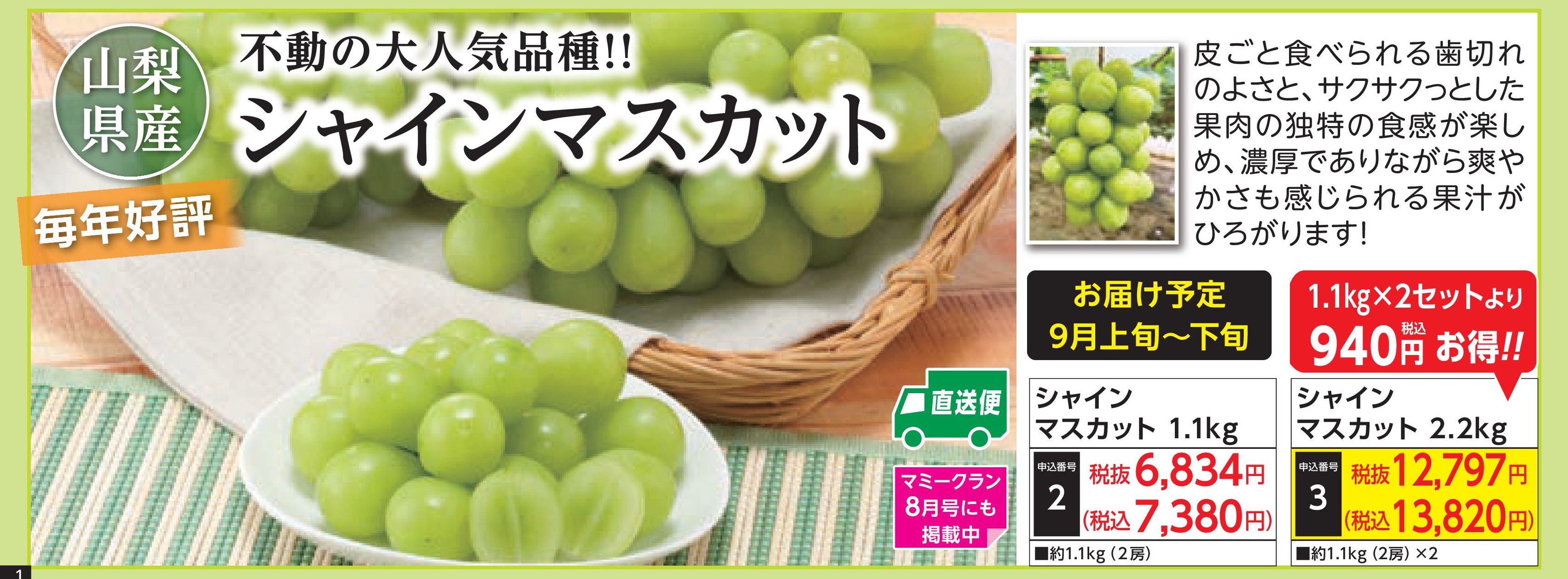 【産地直送品】山梨県産 シャインマスカット2.2kg (9月上旬～下旬出荷)(前払い)