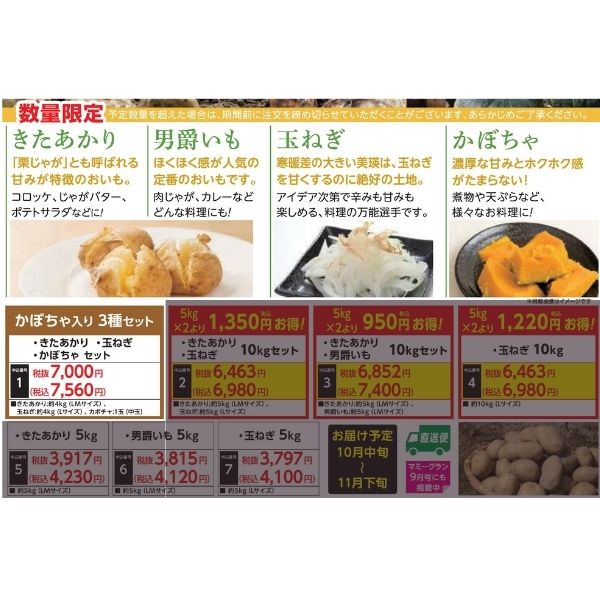 【産地直送品】きたあかり・玉ねぎ・かぼちゃセット (10月中旬～11月下旬出荷)(前払い)