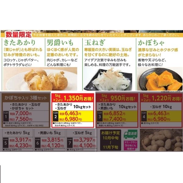 【産地直送品】きたあかり・玉ねぎ10kgセット (10月中旬～11月下旬出荷)(前払い)