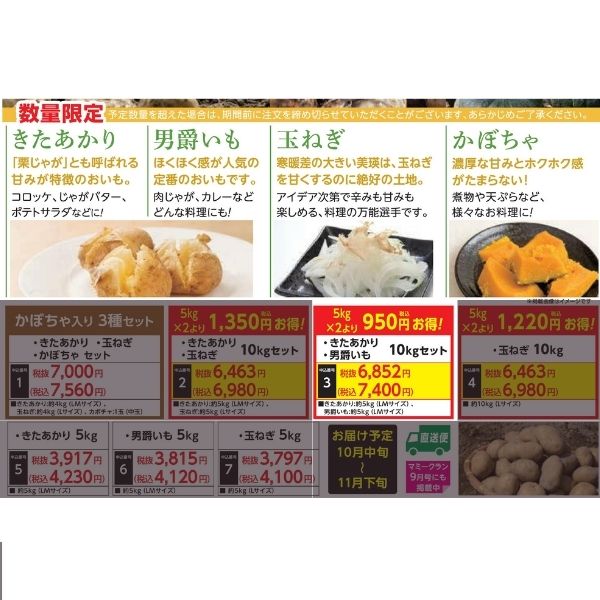 【産地直送品】きたあかり・男爵いも10kgセット (10月中旬～11月下旬出荷)(前払い)